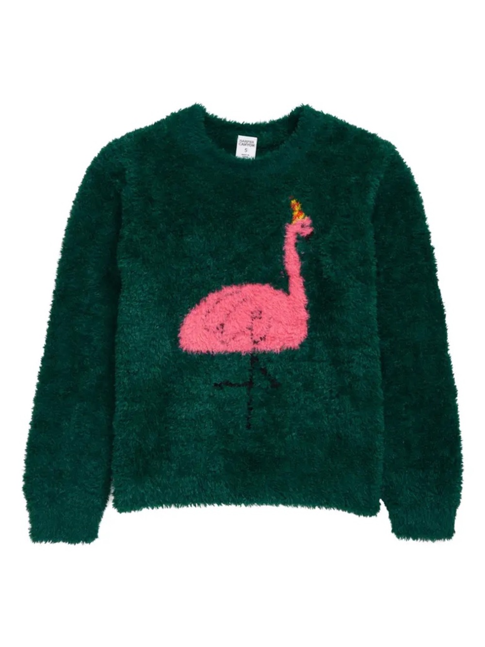 Harper Canyon Kids Intarsia Emerald Fuzzy Sweater with Pink Flamingo 5T